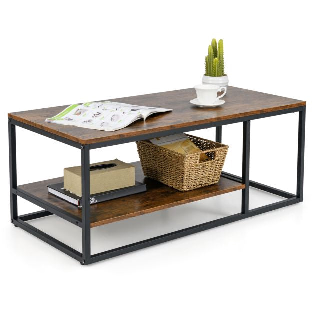 Masă de cafea industrială, cu 2 niveluri, 105 cm, maro rustic