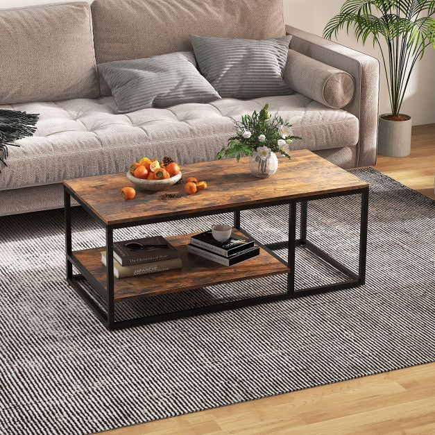 Masă de cafea industrială, cu 2 niveluri, 105 cm, maro rustic