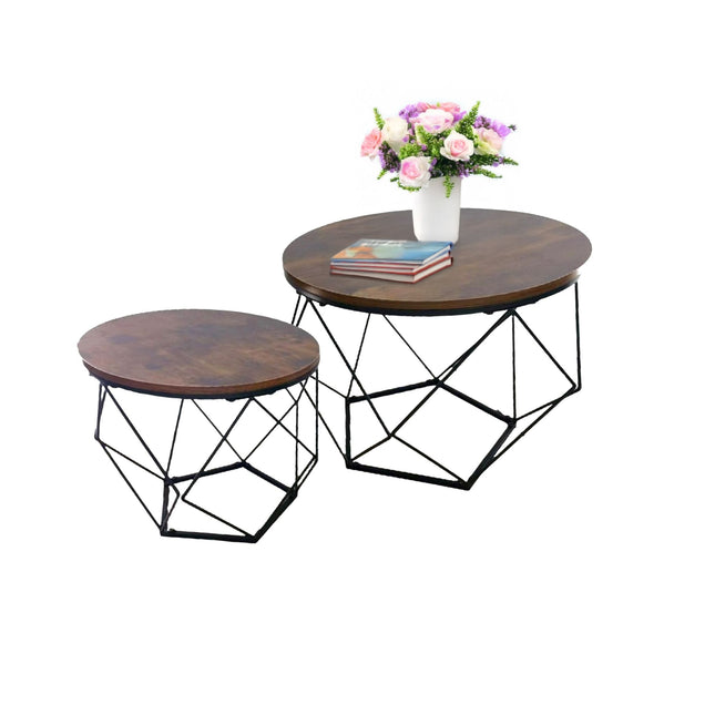 Set de măsuțe de cafea industriale, blat cu efect de lemn, cadru metalic