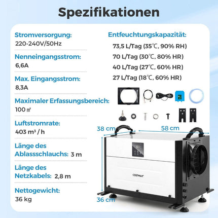 Dezumidificator industrial, 73,5 L/zi, 3 moduri, temporizator 24 ore