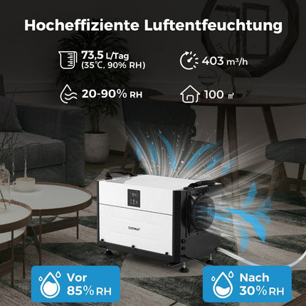 Dezumidificator industrial, 73,5 L/zi, 3 moduri, temporizator 24 ore