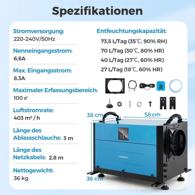 Dezumidificator industrial, 73,5 L/zi, 3 moduri, temporizator