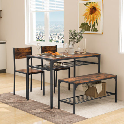 Set masă industrial cu bancă, 2 scaune, rafturi; maro rustic