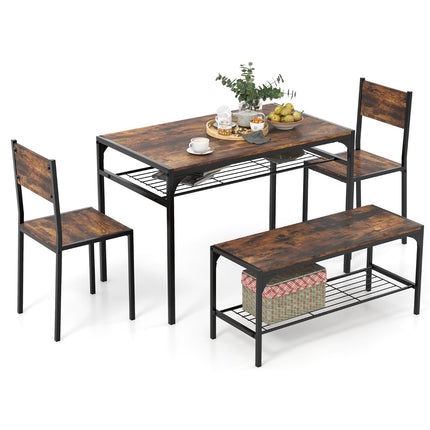 Set masă industrial cu bancă, 2 scaune, rafturi; maro rustic