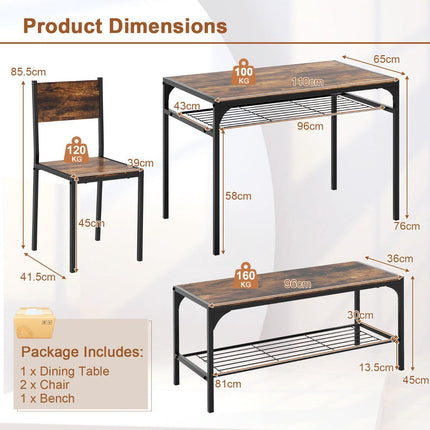 Set masă industrial cu bancă, 2 scaune, rafturi; maro rustic