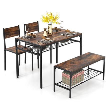 Set masă industrial cu bancă, 2 scaune, rafturi; maro rustic