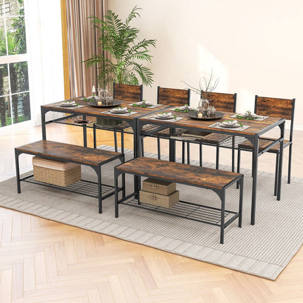 Set masă industrial cu bancă, 2 scaune, rafturi; maro rustic