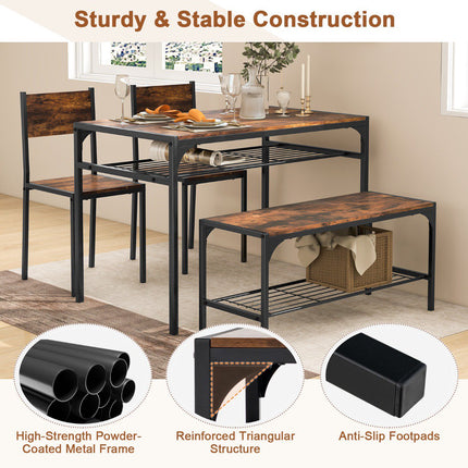 Set masă industrial cu bancă, 2 scaune, rafturi; maro rustic