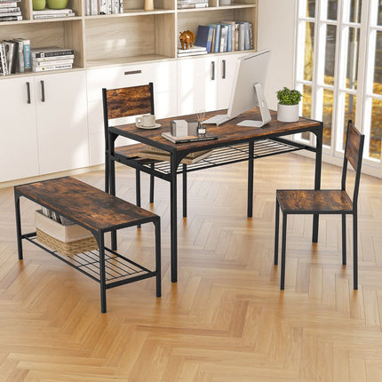 Set masă industrial cu bancă, 2 scaune, rafturi; maro rustic