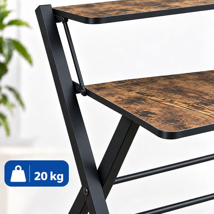 Industrial Folding Desk with Monitor Shelf, 2 Tiers, Brown, Black