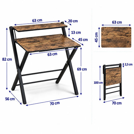 Industrial Folding Desk with Monitor Shelf, 2 Tiers, Brown, Black
