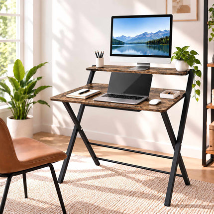 Industrial Folding Desk with Monitor Shelf, 2 Tiers, Brown, Black