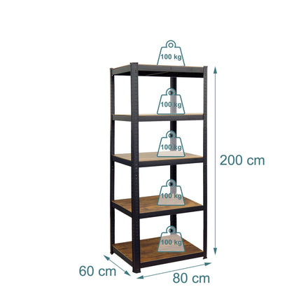 Industrial Heavy-Duty Shelf, 5 Wood-Effect Shelves, 100 kg per Shelf, Black