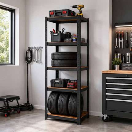 Industrial Heavy-Duty Shelf, 5 Wood-Effect Shelves, 100 kg per Shelf, Black