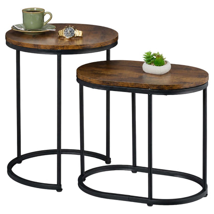 Industrial Nesting Side Tables Set of 2, Round and Oval, Brown, Black