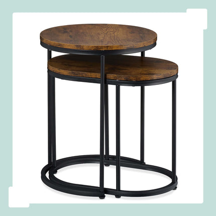 Industrial Nesting Side Tables Set of 2, Round and Oval, Brown, Black