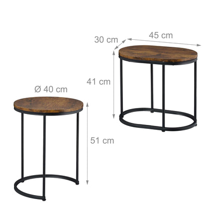 Industrial Nesting Side Tables Set of 2, Round and Oval, Brown, Black