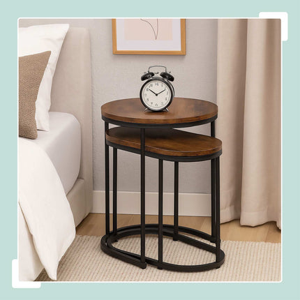 Industrial Nesting Side Tables Set of 2, Round and Oval, Brown, Black