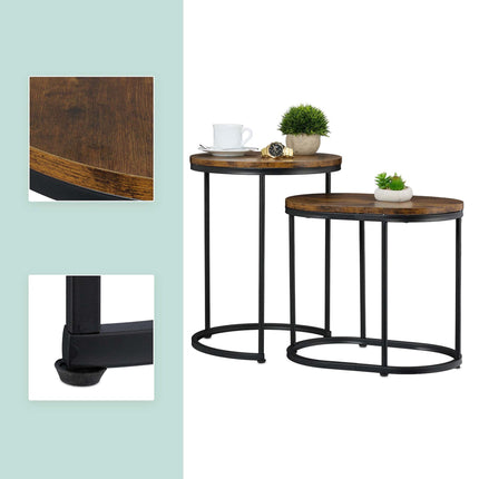 Industrial Nesting Side Tables Set of 2, Round and Oval, Brown, Black