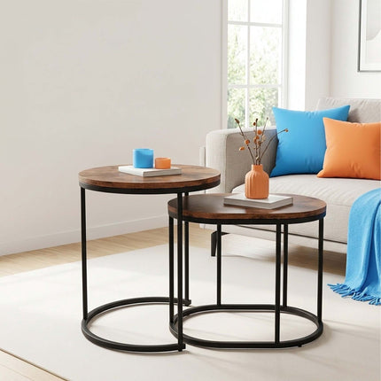 Industrial Nesting Side Tables Set of 2, Round and Oval, Brown, Black