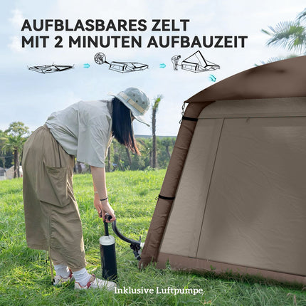 Cort gonflabil de camping pentru 1-2 persoane Cort de familie în aer liber cu cârlige de copertine Pompă de aer Ferestre Uși Sac de depozitare Cort de aer pentru 4 anotimpuri Cort Glamping rezistent la vânt
