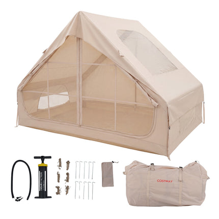 Cort de camping gonflabil, 4 persoane, pompă, impermeabil, luminator