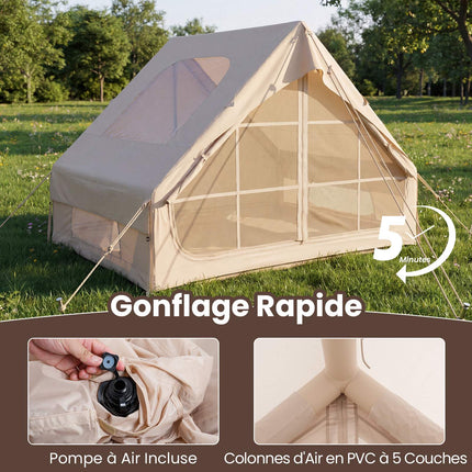 Cort de camping gonflabil, 4 persoane, pompă, impermeabil, luminator