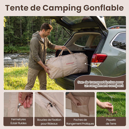 Cort de camping gonflabil, 4 persoane, pompă, impermeabil, luminator