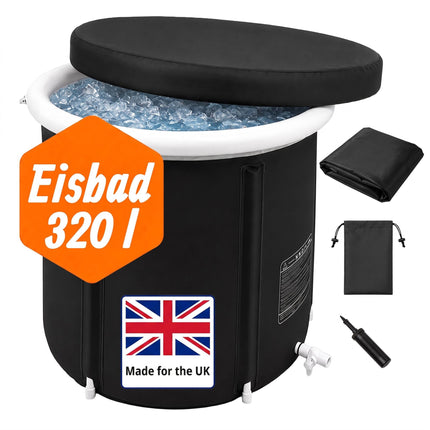 Inflatable Ice Bath Tub 320 L with Thermal Lid and Hand Pump, Black