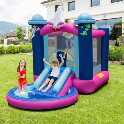 Castel gonflabil cu tobogan cu apă, cu piscină și suflantă