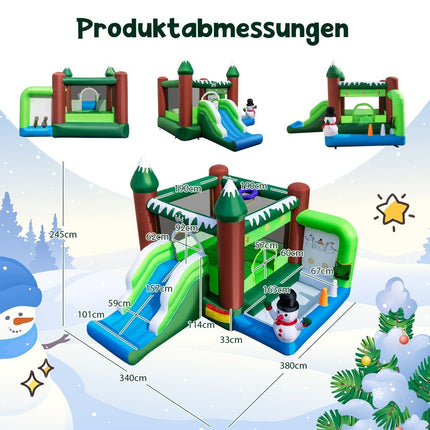 Inflatable bouncy castle for children with slide, ball pit, basketball hoop & throwing holes. Play paradise in winter motif with 735 W air blower