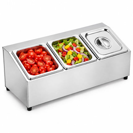 Ingredient Container Set with 3 GN 1/6 Bowls and Lids, Stainless Steel, Silver