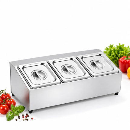Ingredient Container Set with 3 GN 1/6 Bowls and Lids, Stainless Steel, Silver