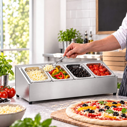 Ingredient Container Set with 4 GN 1/6 Bowls and Lids, Stainless Steel, Silver