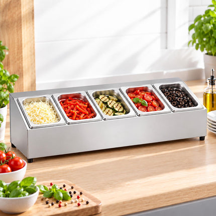 Ingredient Container Set with 5 GN 1/6 Bowls and Lids, Stainless Steel, Silver