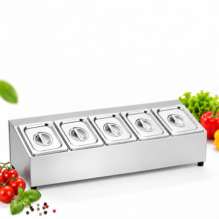 Ingredient Container Set with 5 GN 1/6 Bowls and Lids, Stainless Steel, Silver