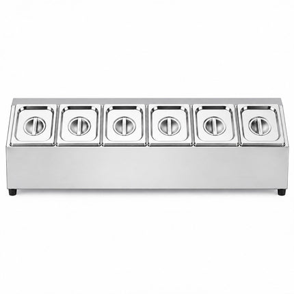 Ingredient Container Set with 6 GN 1/6 Bowls and Lids, Stainless Steel, Silver