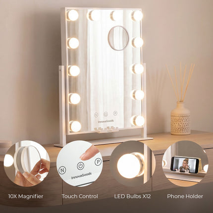 InnovaGoods Glarisse Tilting Hollywood Vanity Mirror, 12 LED Bulbs, Phone Holder