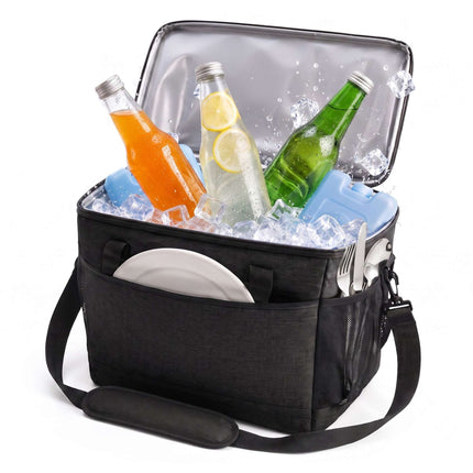 Insulated Cool Bag with Shoulder Strap and Two Handles, Leak-Proof, Black