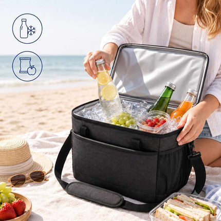 Insulated Cool Bag with Shoulder Strap and Two Handles, Leak-Proof, Black