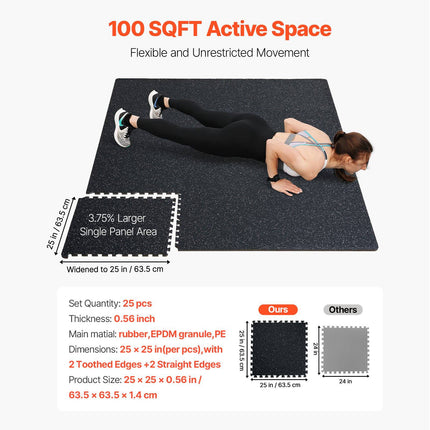 Interlocking Gym Floor Mats, 25 Tiles, 100 sq ft, 0.56 in Thick