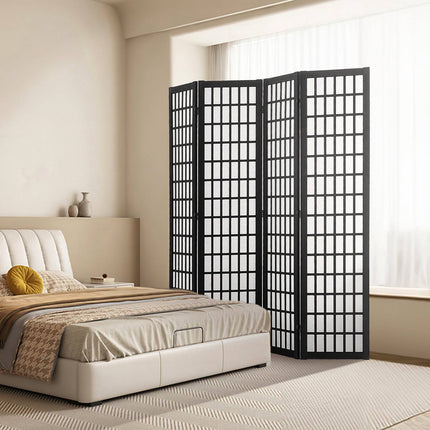 Japanese Room Divider, 4-Panel Folding Wood Privacy Screen