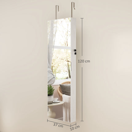Jewellery Cabinet with LED Light and Full-Length Mirror, Lockable, White