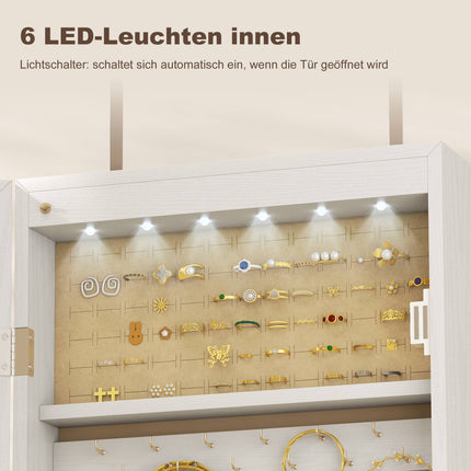 Jewellery Cabinet with LED Light and Full-Length Mirror, Lockable, White