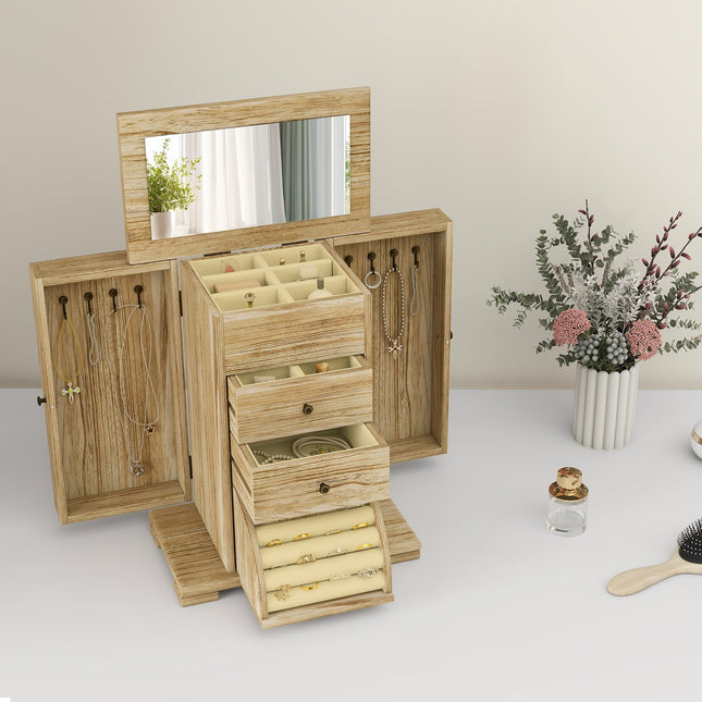 Jewelry Box with Mirror, 4-Tier, Brown Paulownia Wood
