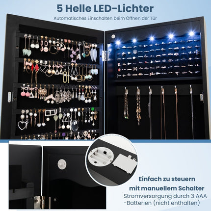 Dulap pentru bijuterii cu oglindă și lumini LED, cu încuietoare, negru