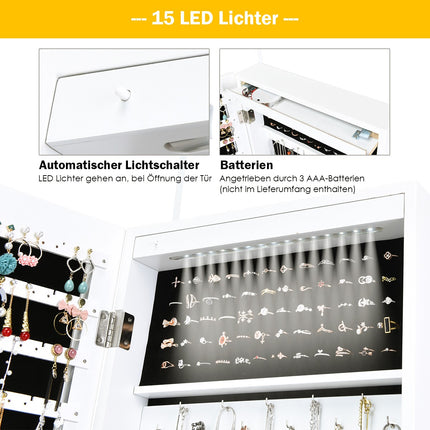 Dulap de bijuterii cu raft de bijuterii cu 15 LED-uri organizator de bijuterii 37 x 8,5 x 120 cm alb