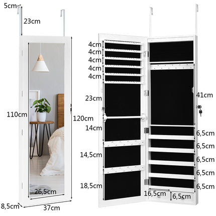 Dulap de bijuterii cu raft de bijuterii cu 15 LED-uri organizator de bijuterii 37 x 8,5 x 120 cm alb