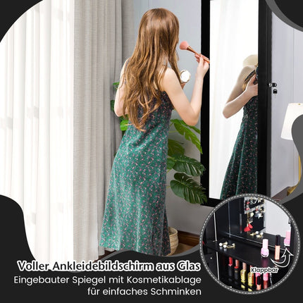 Dulap de bijuterii cu oglindă și rafturi căptușite, cârlige și compartimente, dulap cosmetic, negru