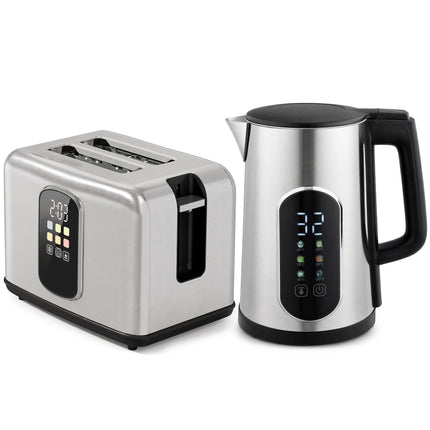 Kettle and 2-Slice Toaster Set with LED Touch Display, 1.5 L, 2200 W, Silver